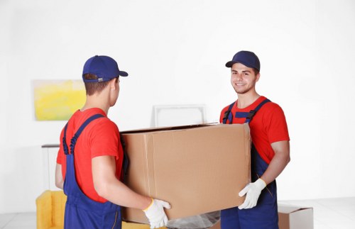 Moving professionals using trolleys and safety gear